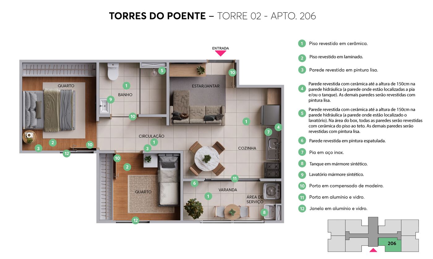 Planta 2 quartos com varanda