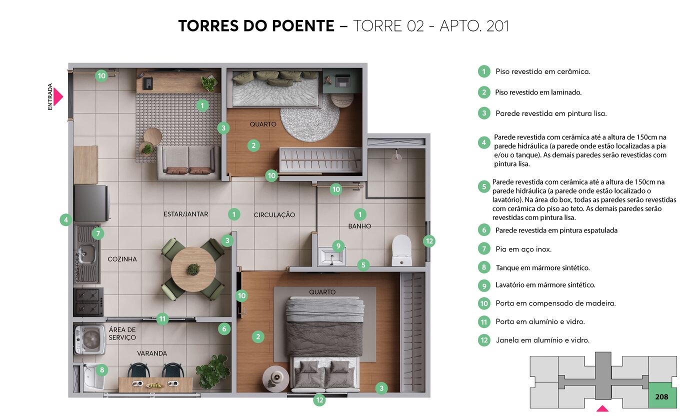 Planta 2 quartos, opção alternativa